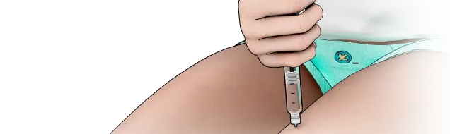 3D image of a seated body, the right hand injecting the pen in the upper leg.