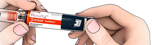 3D image of two hands holding a KwikPen, the right hand holding the dose knob and the left hand holding the cartridge.