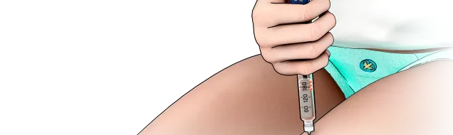 3D image of a seated body, the right hand injecting the pen in the upper leg.