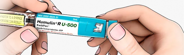 3D image of two hands holding a KwikPen, the right hand holding the dose knob and the left hand holding the cartridge.