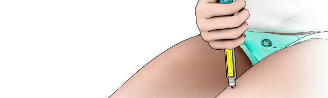 3D image of a seated body, the right hand injecting the pen in the upper leg.